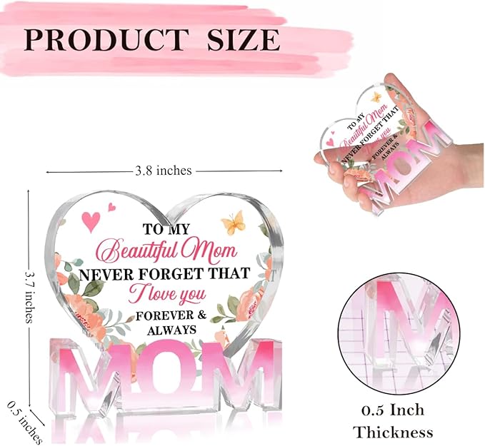Mothers Day Gifts Best Mom Gifts -Gifts for Mom from Daughter Son - Best Mom Ever Gifts Unique Mother Birthday Acrylic Heart-Shaped Plaque Desk Decorations Present for Mom Christmas Anniversary-Ruum Studio Home