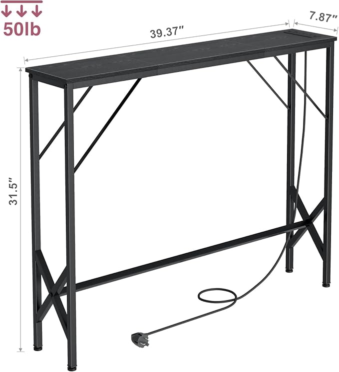 39.4" Console Table, Skinny Entryway Table with Fast-Charging Station, Narrow Long Sofa Table, Behind Slim Couch Table for Entrance, Hallway, Living Room Decor ST-BK100-1-Ruum Studio Home