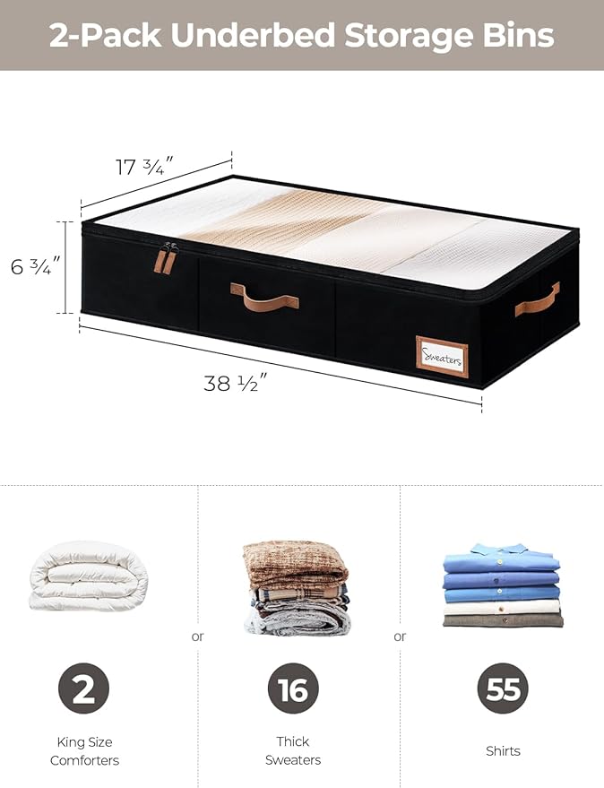 StorageWorks Extra Large Under Bed Storage Containers with Handles and Label Holder, 2 Pack Ultra-thick Fabric Underbed Bins, Closet Organizer for Clothes, Blankets, Sweater-Ruum Studio Home