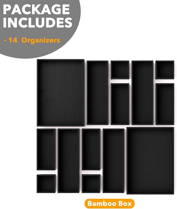 SpaceAid 14-Piece Bamboo Drawer Organizer Storage Boxes Set, Wood Tray Junk Drawer Organizers Multi-Use Divider Bins for Kitchen, Bathroom, Office Desk and Makeup Organization (14 Pack, Black)-Ruum Studio Home