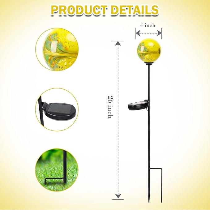 Solar Lights Outdoor Decorative Solar Outdoor Decorative Glass Ball Stakes Waterproof Garden Stake Glass LED Garden Globe Lights for Pathway Yard Lawn Decoration Yellow-Ruum Studio Home