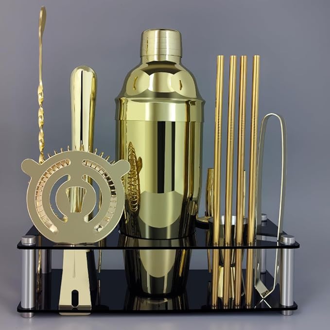 14-Piece Cocktail Shaker Set Bartender Kit with Black Stand, Bar Tool Set for Drink Mixing Bartending Kit Bar Sets Accessories: 750ml(25oz) Shaker, Jigger, Muddler, Cocktail Recipes (Gold)-Ruum Studio Home