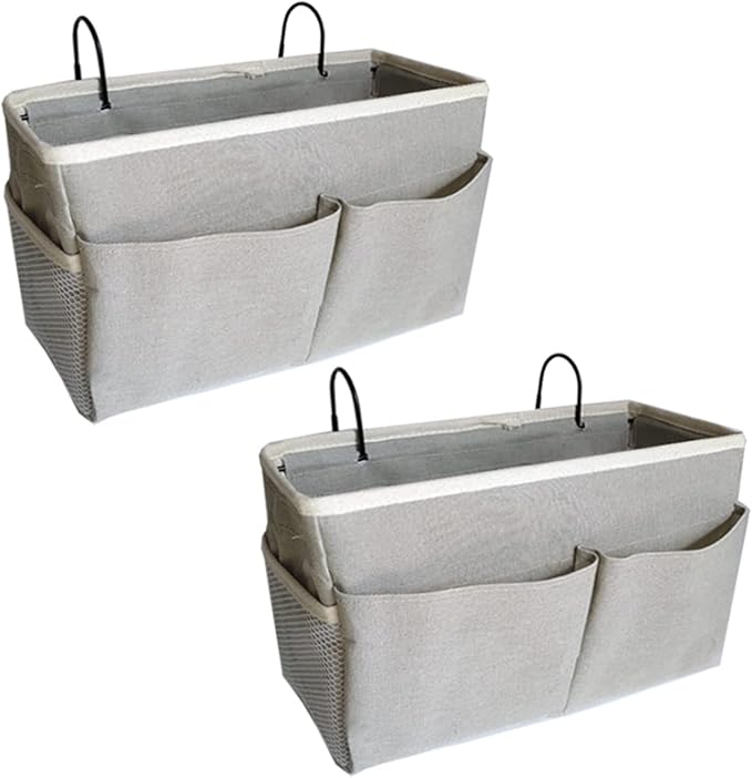 2-Pack Bedside Caddy, Bedside Hanging Storage Organizer for College Dorm Beds, Bunk Beds and Hospital Beds Rails, The Hanging Basket Can be Placed Magazine, Books, Phones,kettle, Glasses (Grey)-Ruum Studio Home