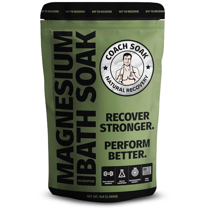 Coach Soak: Recovery Bath Soak – Rejuvenating Post Workout Natural Magnesium Flakes - 21 Minerals, Essential Oils & Dead Sea Bath Salts - Absorbs Faster Than Epsom Salts, 3lbs (Eucalyptus Tea Tree)-Ruum Studio Home