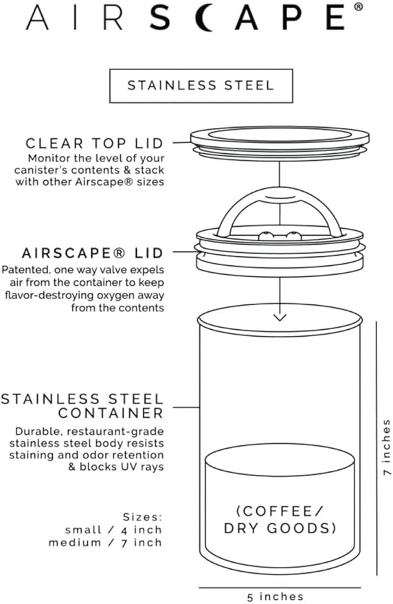 AirScape Planetary Design Stainless Steel Coffee Canister | Food Storage Container | US Patented Inner Plunger Lid REMOVES Excess Oxygen | Don't Buy airtight, Buy AIR-Less | (Medium, Matte Black)-Ruum Studio Home