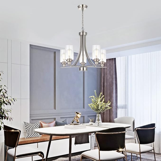 BONLICHT 5 Lights Traditional Chandelier Brushed Nickel Kitchen Island Dining Room Lighting Fixtures Hanging Seeded Glass Pendant Light Modern Flush Mount Ceiling Light for Living Room Bedroom Foyer-Ruum Studio Home