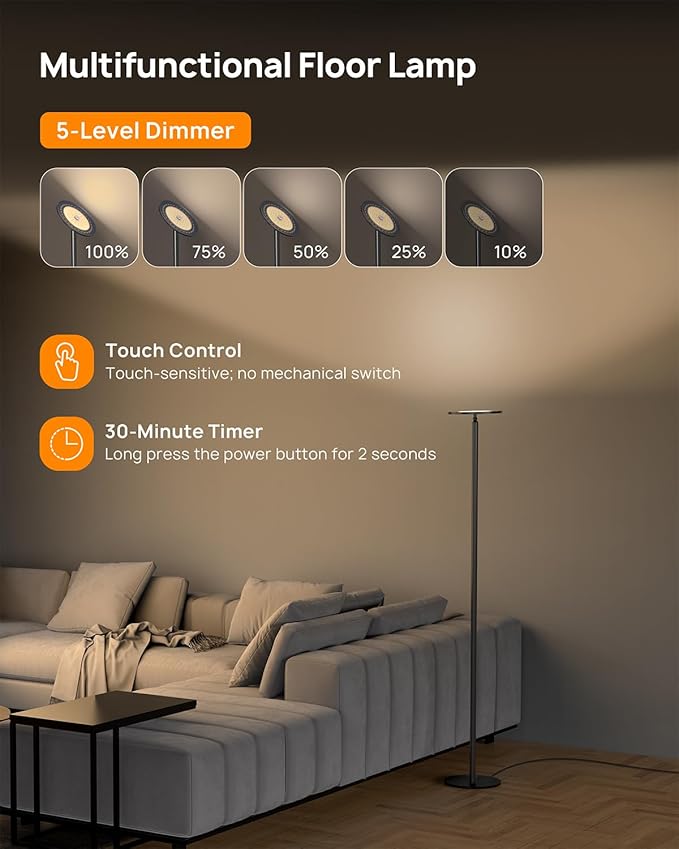 TROND Floor Lamp, 5000LM Super Bright Sky LED Modern Torchiere Standing Lamp, 3000K Warm White Light, 5-Level Dimmable, Modular 71 in Tall Pole Light, 30-Minute Timer for Living Room, Bed Room-Ruum Studio Home