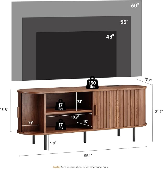 TV Stand with Power Outlet, Mid-Century Modern Television Stand, Media Console with Sliding Doors, Entertainment Center for TVs up to 60 Inch, Adjustable Shelves, Walnut-Ruum Studio Home