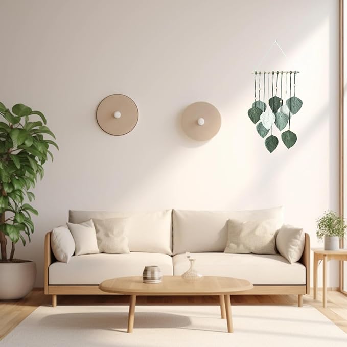Madiffcult Macrame Wall Hanging Boho Wall Decor Woven Feather Wall Art Handmade Macrame Leaf Tapestry with Wooden Beads for Bedroom Living Room Nursery 16x27 Inch (Green)-Ruum Studio Home