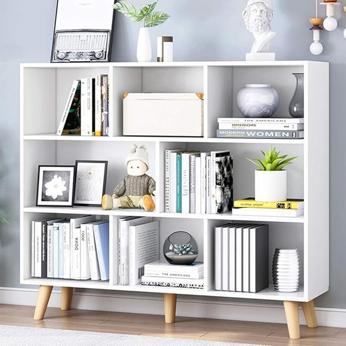 IOTXY Wooden Open Shelf Bookcase - 3-Tier Floor Standing Display Cabinet Rack with Legs, 8 Cubes Bookshelf, Warm White-Ruum Studio Home