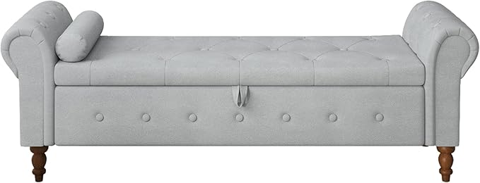 Storage Ottoman Bench for Bedroom, 63" End of Bed Bench with Rolled Arms Upholstered Ottoman Bench Fit for Bedroom, Living Room, Entryway, Velvet Light Gray-Ruum Studio Home