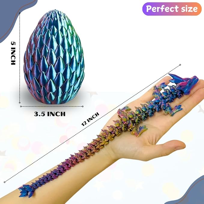 3D Printed 12” Articulated Crystal Dragon Inside 5.1” Egg – Fantasy Collectible, Fidget Toy & Stocking Easter Basket Stuffers for Home & Office Decor (Multicolor).-Ruum Studio Home