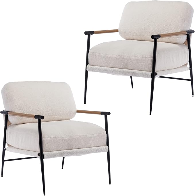 Mid-Century Accent Chair Set of 2, Soft Armchair Sherpa Fabric Lounge Chair with Black Metal Legs, Upholstered Leisure Chair for Living Room Bedroom Reception Room, White-Ruum Studio Home