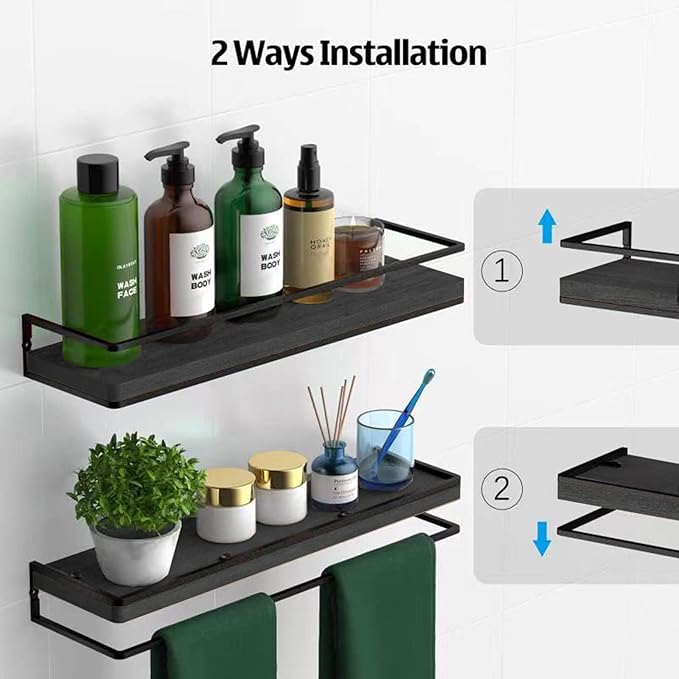 Meangood Floating Shelves Wall Mounted Set of 2, Rustic Wood Wall Storage Shelves for Bedroom,Living Room,Bathroom, Kitchen (Black)-Ruum Studio Home