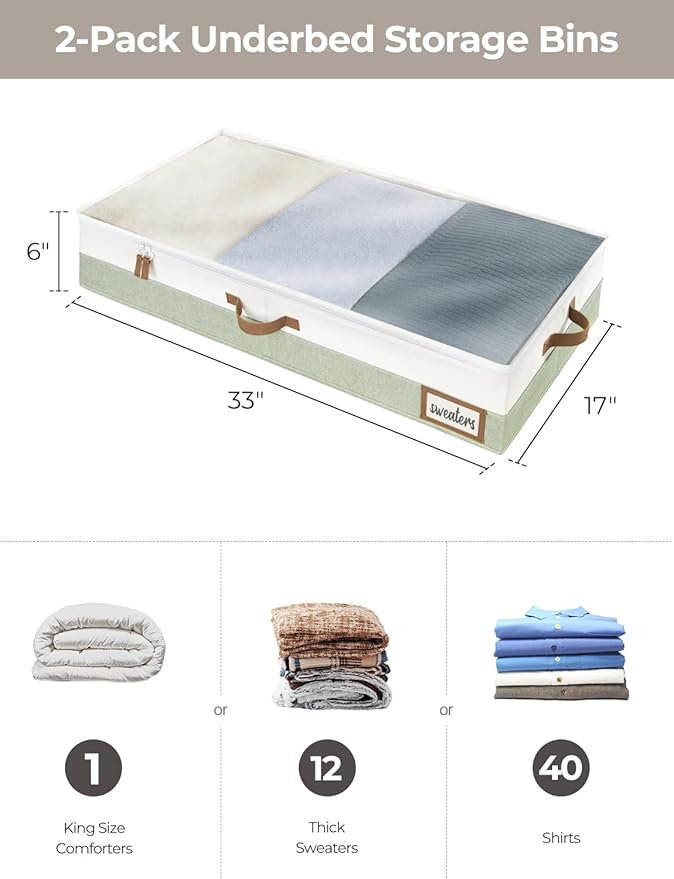 StorageWorks Large Under Bed Storage Containers with Handles and Label Holder, 2 Pack Ultra-thick Fabric Underbed Bins, Closet Organizer for Clothes, Blankets, Sweater-Ruum Studio Home