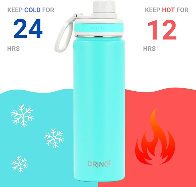 DRINCO Stainless Steel Water Bottle Spout Lid Vacuum Insulated Double Wall Water Bottle Wide Mouth (40oz 32oz 22oz 18oz 14oz) Leak Proof Keep Cold Sport Camping Hiking (22 oz, 22oz Teal)-Ruum Studio Home