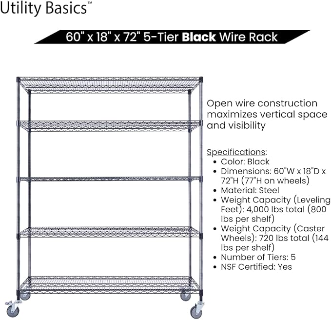 60"x18"x72" Black 5-Tier Premium Wire Shelving NSF 4000 LBS MAX Capacity Heavy Duty Steel Storage Rack for Warehouses, Garages, Hospitals, Commercial Spaces, & Schools w/Premium Wheels-Ruum Studio Home
