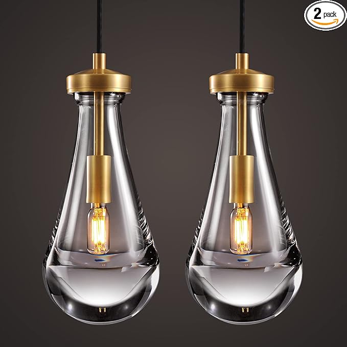 Raindrop Pendant Lights Set of 2, Brass Pendant Lights Kitchen Island, Gold Island Light for Kitchen Dining Room Light Fixture, Chandelier for Living Room Bedroom Bathroom, Bulb Included-Ruum Studio Home
