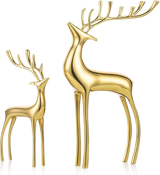Sziqiqi Reindeer Figurine Statues Deluxe Set of 2, Christmas Deer Pure Copper Heavy Reindeer Ornaments for Home Decor Accents Living Room Office Bookself Tabletop Mantle Christmas Decoration, Gold-Ruum Studio Home