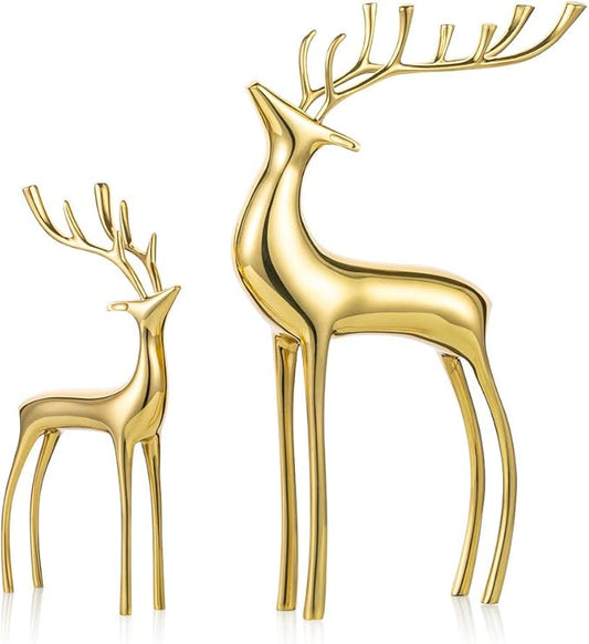 Sziqiqi Reindeer Figurine Statues Deluxe Set of 2, Christmas Deer Pure Copper Heavy Reindeer Ornaments for Home Decor Accents Living Room Office Bookself Tabletop Mantle Christmas Decoration, Gold-Ruum Studio Home