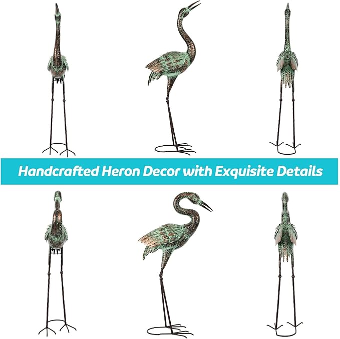 Shorayn Garden Crane Statues, Blue Heron Sculptures for Outdoor, Cranes Decor Metal Bird, Patina Garden Art Lawn Ornaments for Yard Patio Porch Outside Decorations-Ruum Studio Home