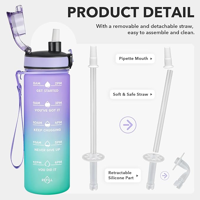 Enerbone Water Bottle, Leakproof BPA & Toxic Free, Motivational Water Bottle with Times to Drink and Straw, Fitness Sports Water Bottle with Strap for Office, Gym, Outdoor Sports-Ruum Studio Home