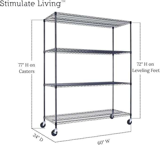 60"x24"x72" PRIME HEAVY DUTY Black 4-Tier Wire Shelving NSF 2400 LBS MAX Capacity Storage Rack for Commercial, School, Home, Garage, Warehouse, Industrial, and Hospital Uses (with Wheels)-Ruum Studio Home