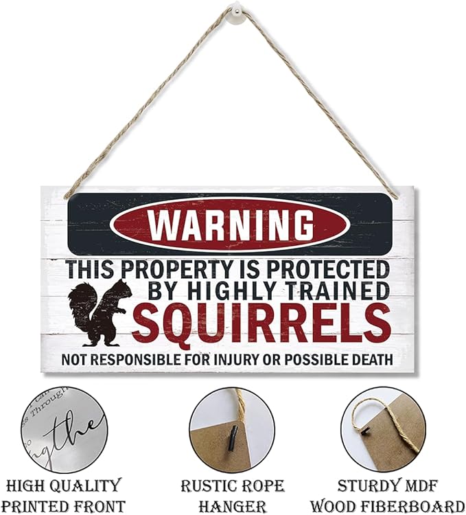 Warning Signs, The Property is Protected By Highly Trained Squirrels Sign, Decorative Wood Hanging Wood Plaque, Funny Warning Decor, Door Gate Hanger, Cute and Funny Garden Decor, Yard Decor-Ruum Studio Home