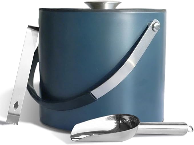 4L Ice Bucket with Silicone Lid, Scoop, Tongs & Strainer, Stainless Steel Double Wall Insulated Ice Buckets for Parties & Cocktail Bar, Outdoor Champagne Ice Container Bin, Navy-Ruum Studio Home