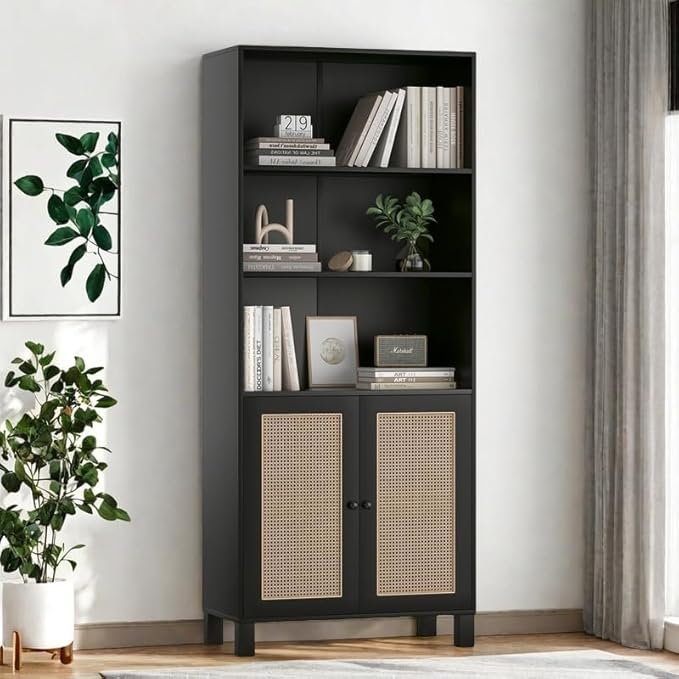 Tall Bookshelf, 5-Tier Book Shelf with 2 Rattan Doors, Freestanding Bookcase Display Shelves with Large Storage, Book Case for Living Room, Office, Study, Bedroom, 70.9 Inch-Ruum Studio Home