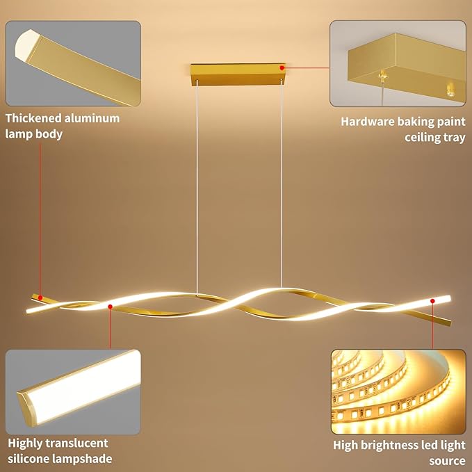 Modern Ceiling Pendant Light, with Remote Control Dimmable 3 Color Mode & Brightness Ceiling Lamp, Anti-Flicker Dining Light Fixture for Kitchen, Dining Room (Gold, 59IN)-Ruum Studio Home