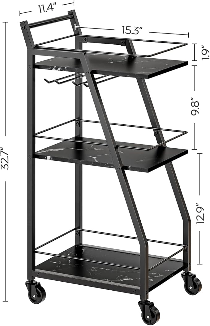 Bar Cart, Bar Cart for The Home, Small Bar Cart on Wheels, Beverage Cart, Home Bar Serving Cart with Glass Holder, Drink Cart for Bar, Kitchen, Dining, Marble Black and Black BC03BM-Ruum Studio Home