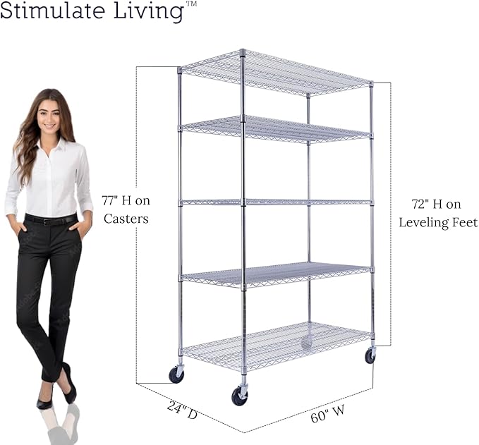 48"x24"x72" Prime Heavy Duty Chrome 5-Tier Steel Wire Shelving NSF 4000 LBS MAX Capacity Storage Rack for Commercial, School, Home, Garage, Warehouse, Industrial, and Hospital Uses (with Wheels)-Ruum Studio Home