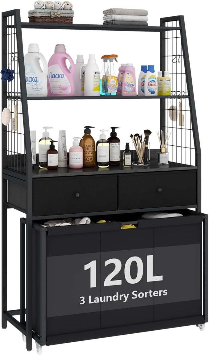 Laundry Hamper Laundry Basket with 3 Section Pull-Out Rolling Bags & 2-Tier Storage Shelf, Laundry Sorter for Organization and Storage with 2 Drawers for Laundry Room, Bathroom-Ruum Studio Home