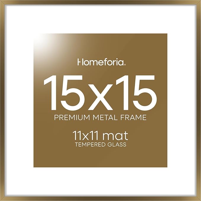Homeforia 15x15 Picture Bronze Frame, High End Metal 15 x 15 Square Poster Frame with Mat 11 x 11 Photo, 15x15 Brass Frame Matted to 11x11 Print, 15by15 Thin Frames, Tempered Glass, Wall Kit, Set of 1-Ruum Studio Home