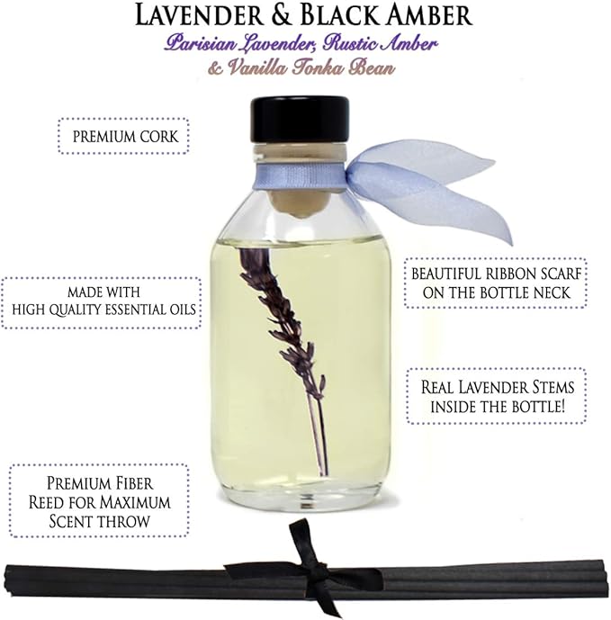 LOVSPA Reed Diffuser Set, Lavender & Black Amber Scented Oil Diffuser with Sticks, Home Fragrance Accessories for Bathroom Shelf Decor, Aroma Diffusers for Home or Office Desk, USA Made-Ruum Studio Home