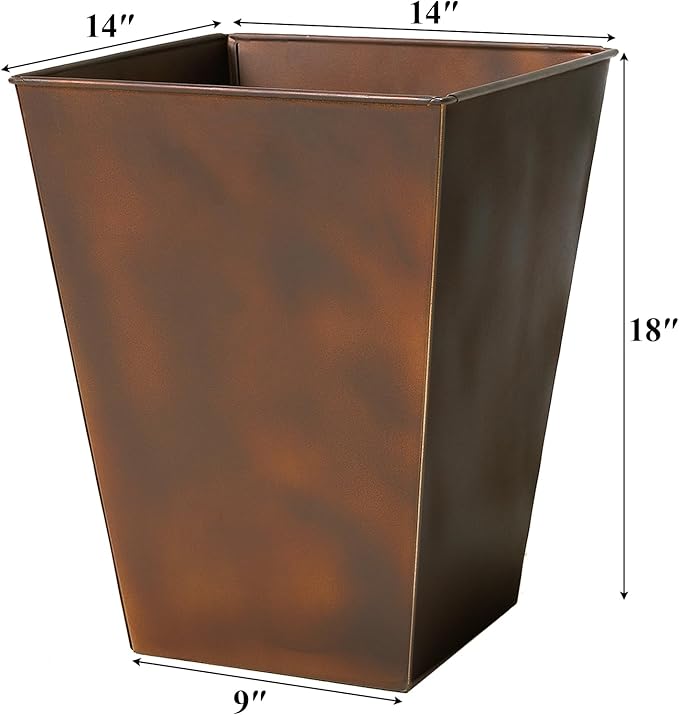 Worth Garden 14" Dia x 18" H Large Metal Floor Planter Set of 2, Matte Bronze Retro Finish Tall Square Tapered Steel Plant Pots, Decor Flower Pot Indoor & Outdoor, Drainage Hole-Ruum Studio Home