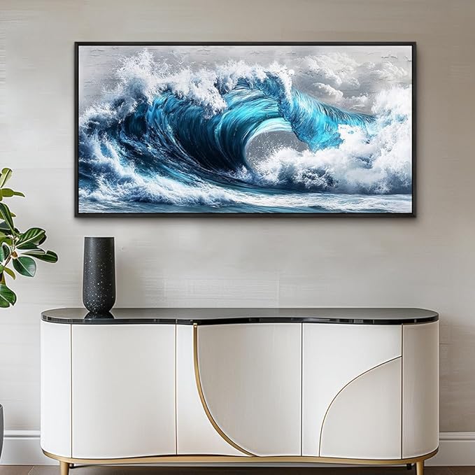 PHAOHUAXM Large Canvas Blue Wave Paintings Wall Art For Living Room Wall Decoration For Bedroom Ocean Wall Pictures Printing Office Decorations Posters Modern Home Decor Black Framed 30x60 In-Ruum Studio Home