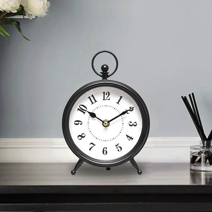 Vintage Black Table Clock on Stand, Decorative Desk and Shelf Clock，Decorative Battery Operated Table Top Clock for Living Room，Silent Non-Ticking(Small)-Ruum Studio Home