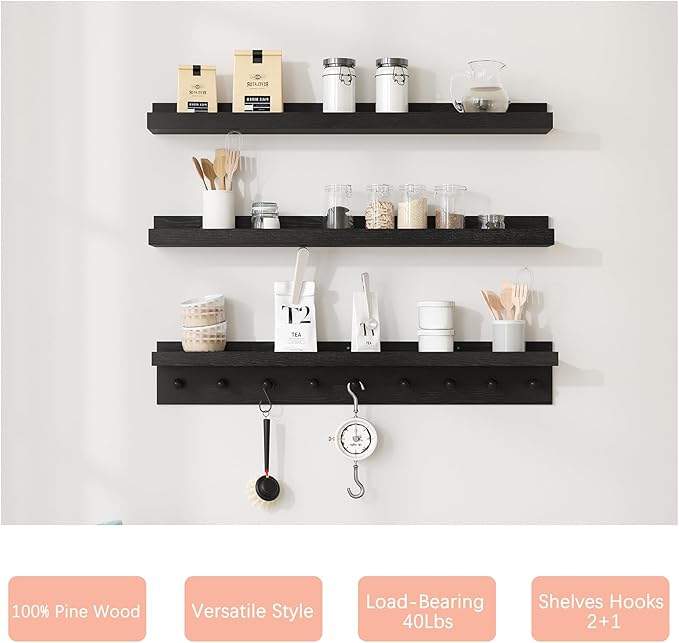 MBYD Floating Shelves for Wall, Nursery Floating Bookshelf for Kids Room, Black Wall Mount Book Shelves with Hooks for Living Room Bedroom Bathroom, 36 Inch Picture Ledge Kitchen Spice Rack Set of 3-Ruum Studio Home