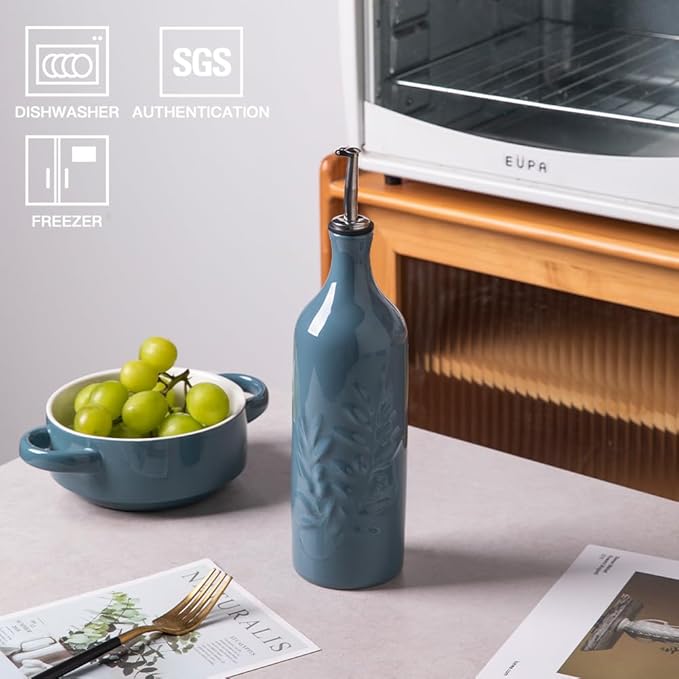 Sweejar Large Ceramic Olive Oil Dispenser Bottle, 24 Oz Relief Opaque Oil Cruet Protects Oil To Reduce Oxidation, Storage Vinegar, Soy Sauce, Coffee Syrup, Liquids, Set of 1 (Fog blue)-Ruum Studio Home