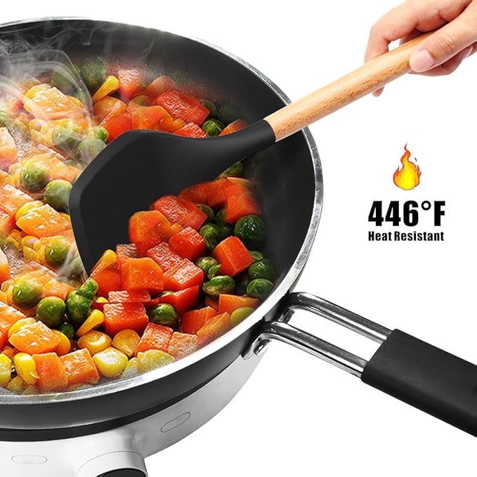 Silicone Cooking Utensils Set - 446°F Heat Resistant Silicone Kitchen Utensils for Cooking,Kitchen Utensil Spatula Set w Wooden Handles and Holder, BPA FREE Gadgets for Non-Stick Cookware (Black)-Ruum Studio Home