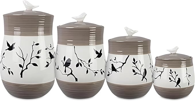 Young's Inc. 4 Pcs Set Botanical Ceramic Canisters- Storage Container for Kitchen and Bathroom - Beautiful Home Decor Accent to Store Food, Coffee, Tea, and More - Brown, White-Ruum Studio Home