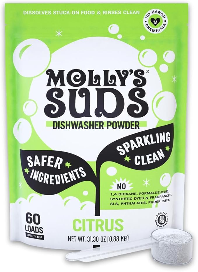 Molly's Suds Dishwasher Powder | Clean Dishwasher Detergent, Cuts Grease & Rinses Clean (Residue-Free) for Sparkling Dishes | 60 Loads (Citrus)-Ruum Studio Home