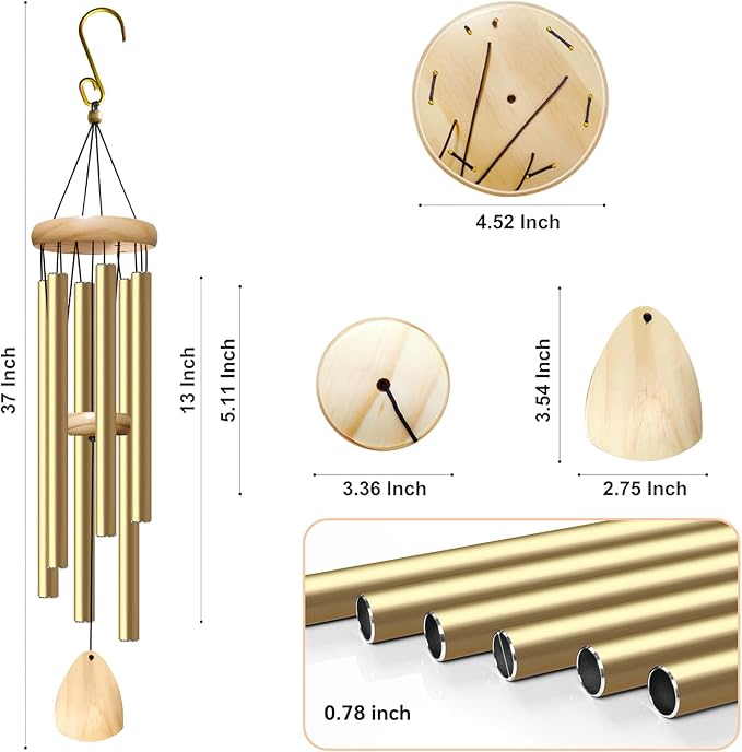 Large Aluminium Wind Chimes 37 Inches to Create a Zen Atmosphere Suitable for Outdoor, Garden, Patio Decoration. Classic Wind Chimes with Wind Catcher as a Gift for Unisex(Light Golden)-Ruum Studio Home