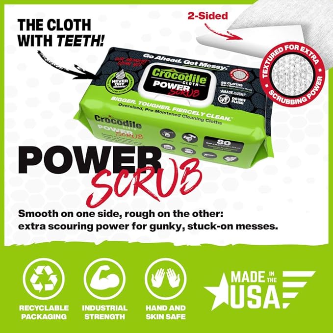Crocodile Cloth Power Scrub - 6 pack. 480 (15" x 10") Heavy Duty Cleaning Wipes. Safe on Skin & Multiple Surfaces. Infused with Aloe & Vitamin E. Textured, Large, Pre-Moistened & Absorbent.-Ruum Studio Home