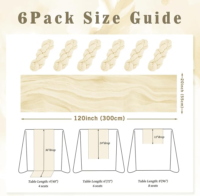 10FT 6 Pack Beige Cheesecloth Table Runner 20 x 120 Inch Long Rustic Gauze Fabric Cheese Cloth Table Runner for Wedding Bridal Baby Shower Table Decorations Boho Sheer Birthday Party Table Decor-Ruum Studio Home