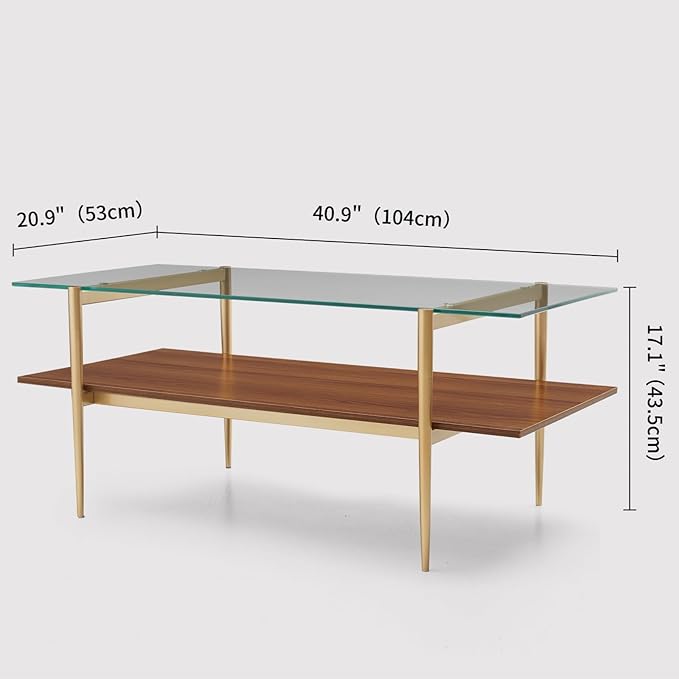 Rectangle Coffee Table, Mid-Century Modern Design, L41 W21 x H17, for Living Room, 2-Tier Structure, Clear Glass Top and Walnut MDF Shelf, Sleek Conical Metal Legs with Gold Finish-Ruum Studio Home