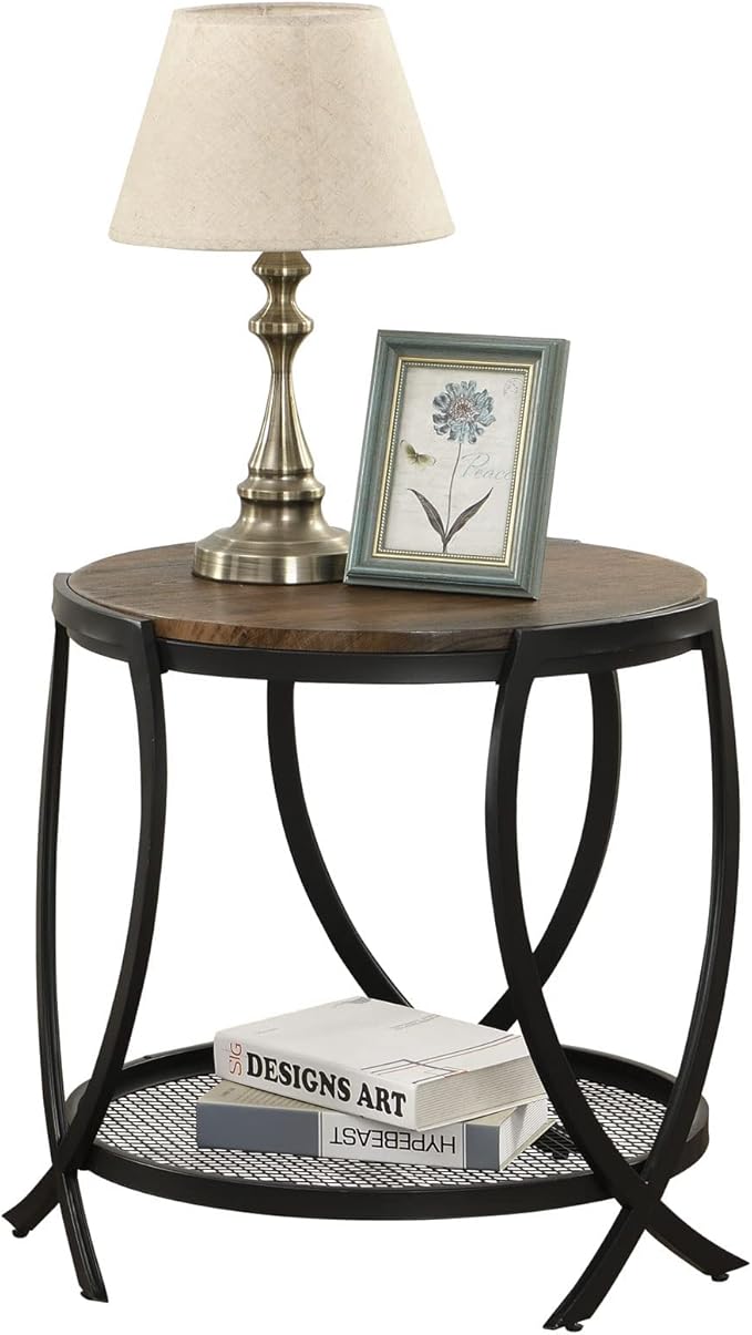 ASYA Industrial Round End Table with Storage Shelf, 2-Tier Side Table for Living Room, Adjustable Feet & lmitation Wood Grain Surface, Rustic Brown-Ruum Studio Home