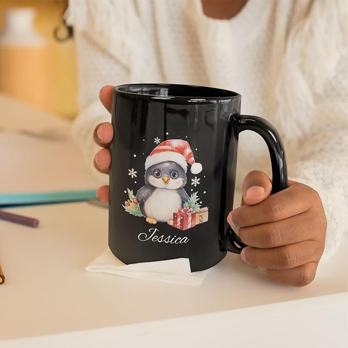Customized Christmas Themed Black Cup, Personalized Cute Xmas Penguin Mug With Name, Gift For Christmas, Custom Animal Wearing Santa Hat Design Cup, Christmas Animal Coffee Mug 11oz 15oz-Ruum Studio Home